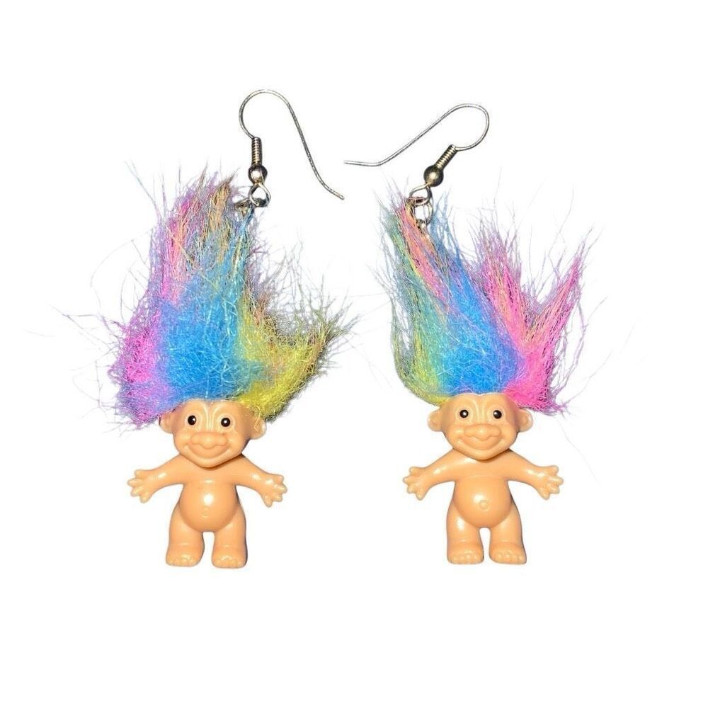 Russ Good Luck Troll Dangle Earrings Rainbow Hair Vintage